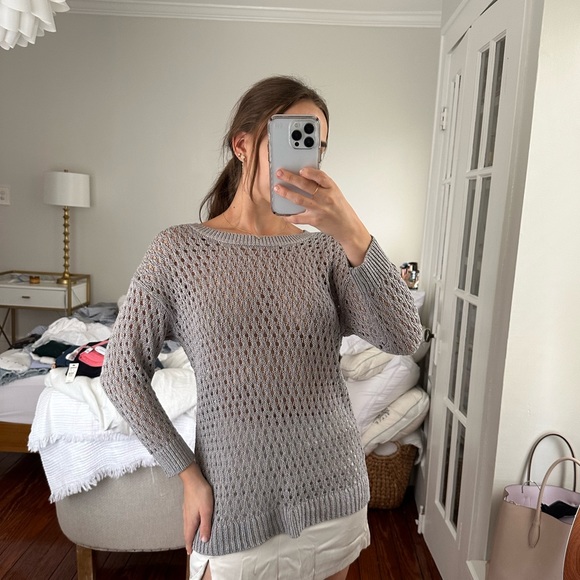 Ann Taylor Gray Shimmer Crochet Sweater - Picture 2 of 7